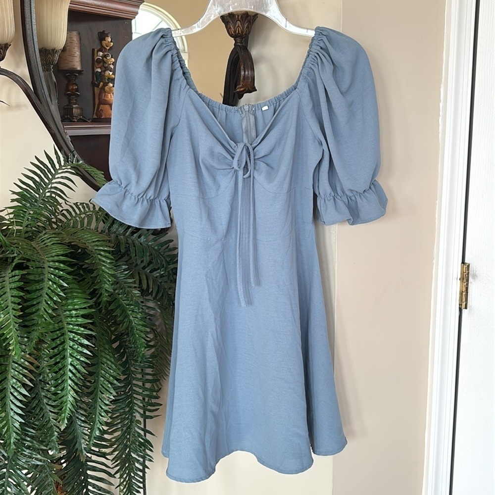 NWOT Blue Baby Doll Dress Puff Sleeves Cinched Bust Bow A-Line Mini Dress Boho